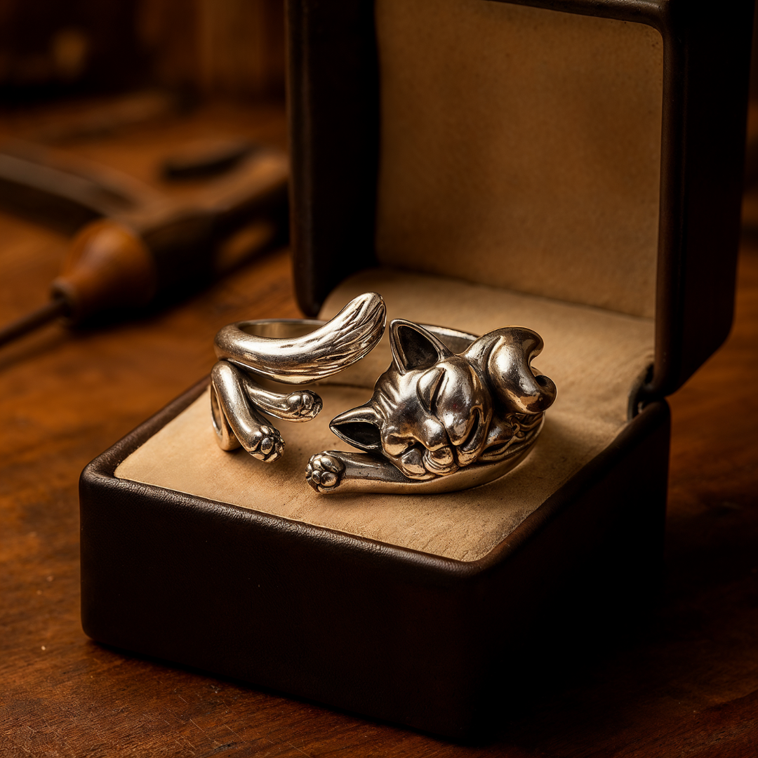 Vintage Silver Ring with Cat, view 3 - Elena Harper