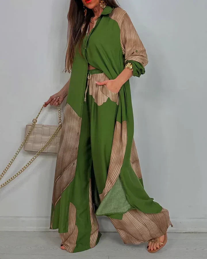 ISABEAU – TRENDY PATCHWORK PRINTED TOP & WIDE LEG PANTS SET