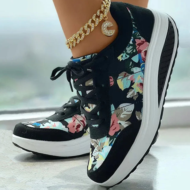 Flower Pattern Platform Sneakers EB, view 3 - Elena Harper