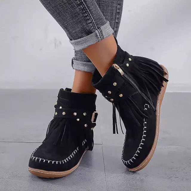 Women’s Vintage Suede Fringe Ankle Boots – Bold, Elegant