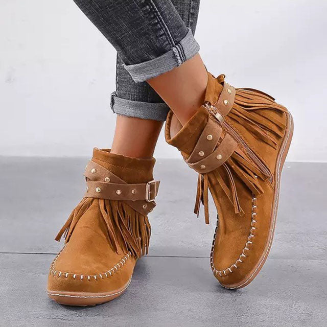 Women’s Vintage Suede Fringe Ankle Boots – Bold, Elegant