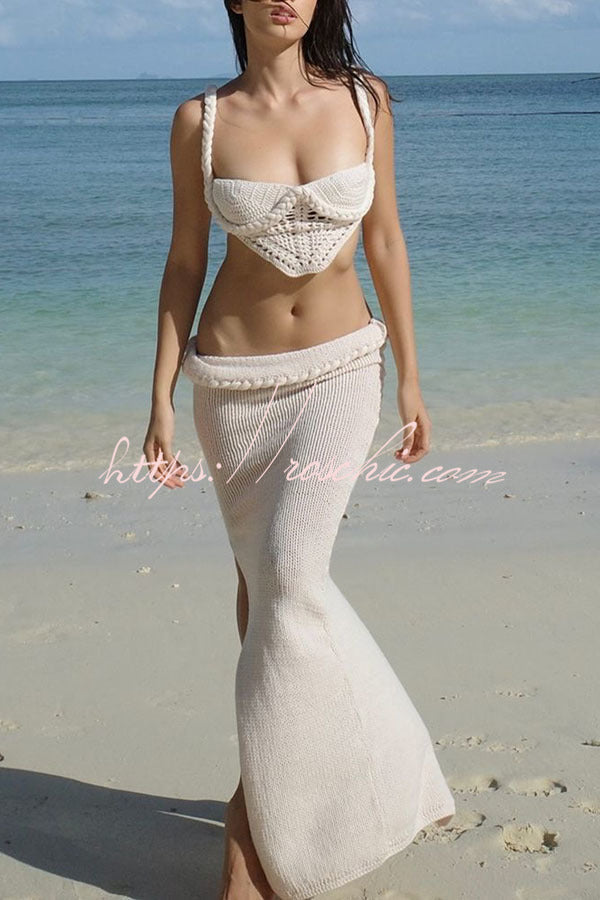 Sumui Hollow Crochet Knit Braid Detail V-shaped Hem Crop Vacation Tank, view 3 - Elena Harper