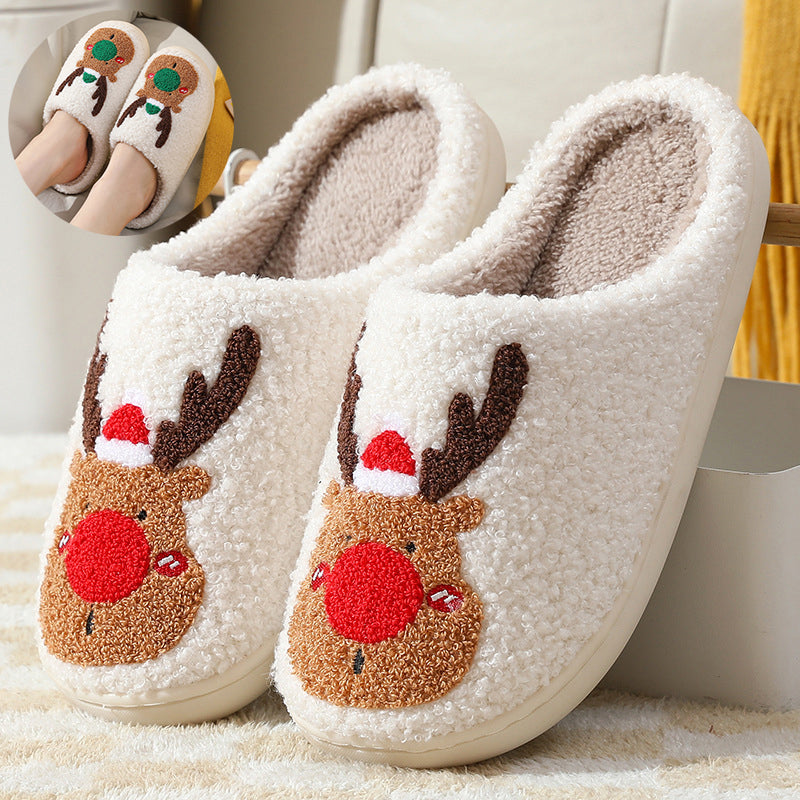 Reindeer Cheer | Cream Reindeer Print Christmas Slippers For Women