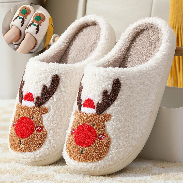 Reindeer Cheer | Cream Reindeer Print Christmas Slippers For Women