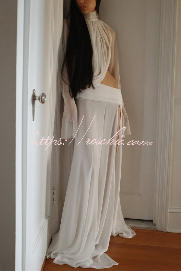 Sexy See-through High-neck Long-sleeved Draped Top and High-waisted Slit Maxi Skirt Vacation Set, view 2 - Elena Harper