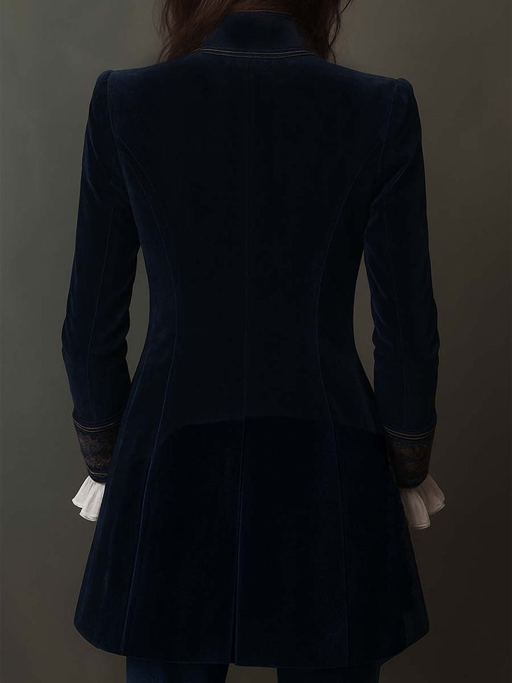 Cleo - Women's Vintage Navy Embroidered Longline Jacket