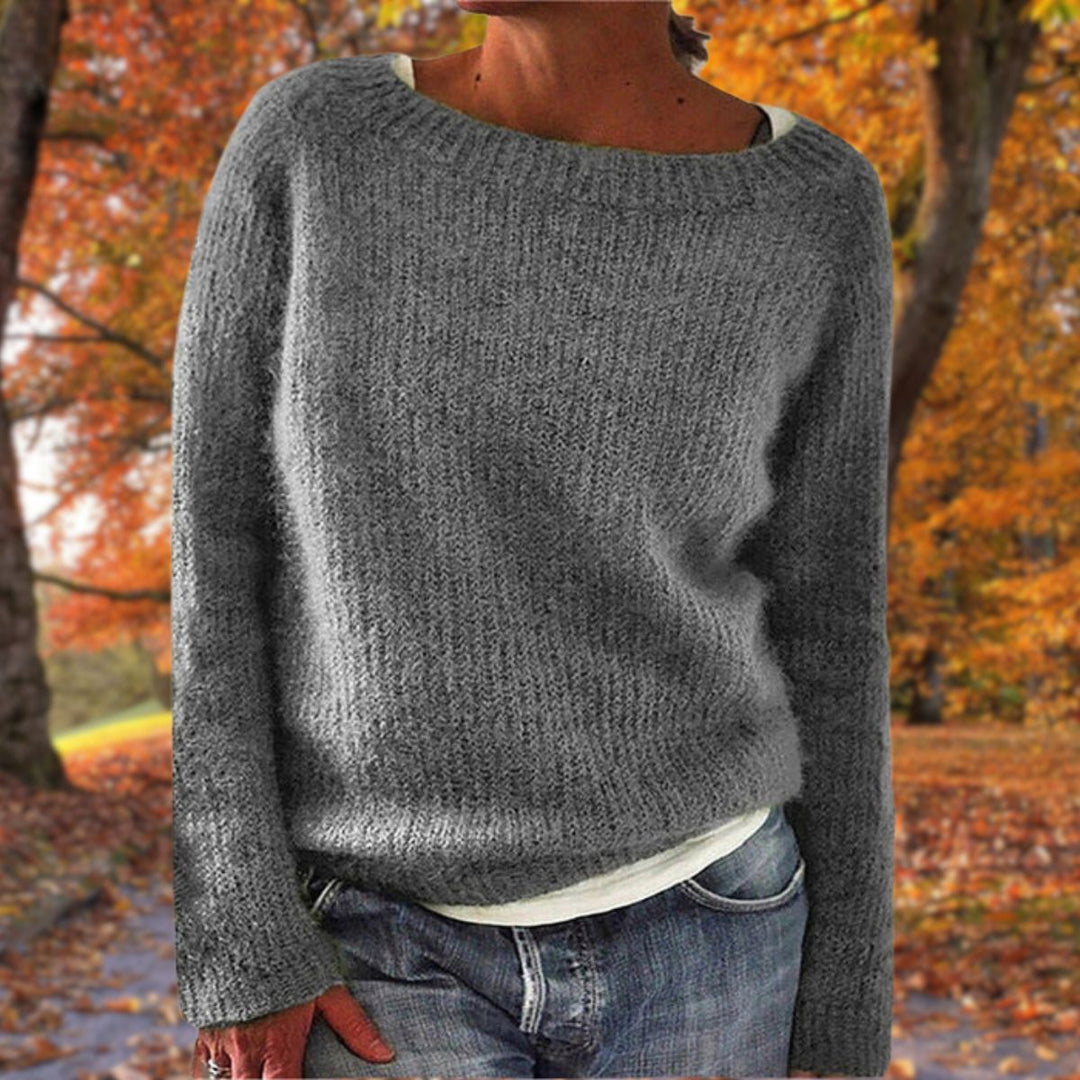 Ladies Classic Sweater Solid Beige, Warm and Comfortable for Autumn and Winter, view 2 - Elena Harper