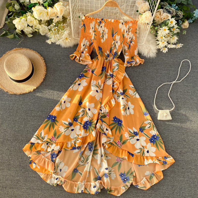 Women’s Midi Dress with Off-Shoulder, Short Sleeves, and Ruffles – Summer Style