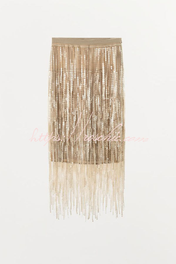 Champagne Party Layered Sequined Tassels Mid Rise Elastic Waist Midi Skirt