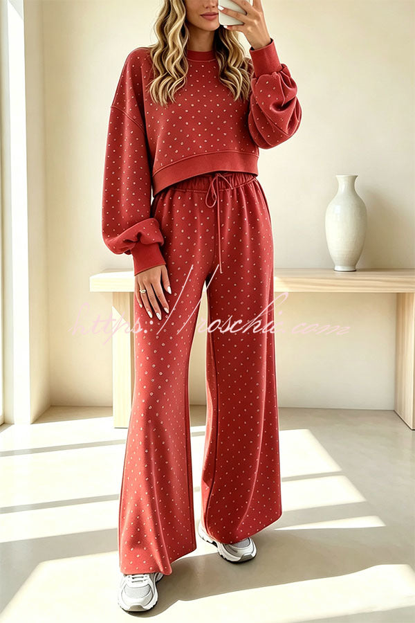 Relaxed and Casual Polka Dot Print Long Sleeve Sweatshirt and Drawstring Elastic Waist Pants Set