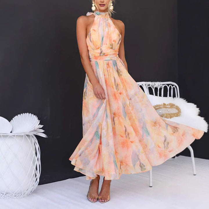 Women's Long Vacation Style Sleeveless Dress with Print and Open Back – Polyester Blend