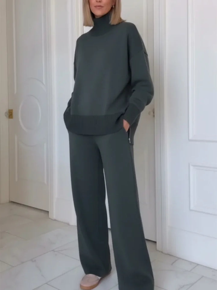 Two-Piece Set with High Collar and Zipper Closure, Straight Pants