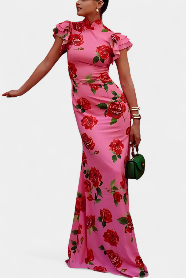 Mayra Elegant Rose Print Qipao Dress, view 3 - Elena Harper
