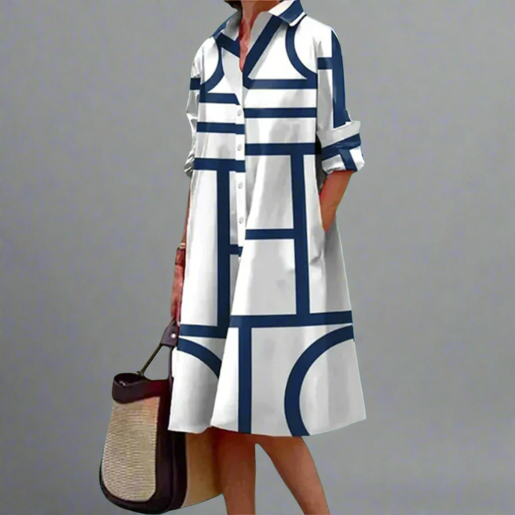 Cosima - Stylish Blue Geometric Stripe Midi Dress
