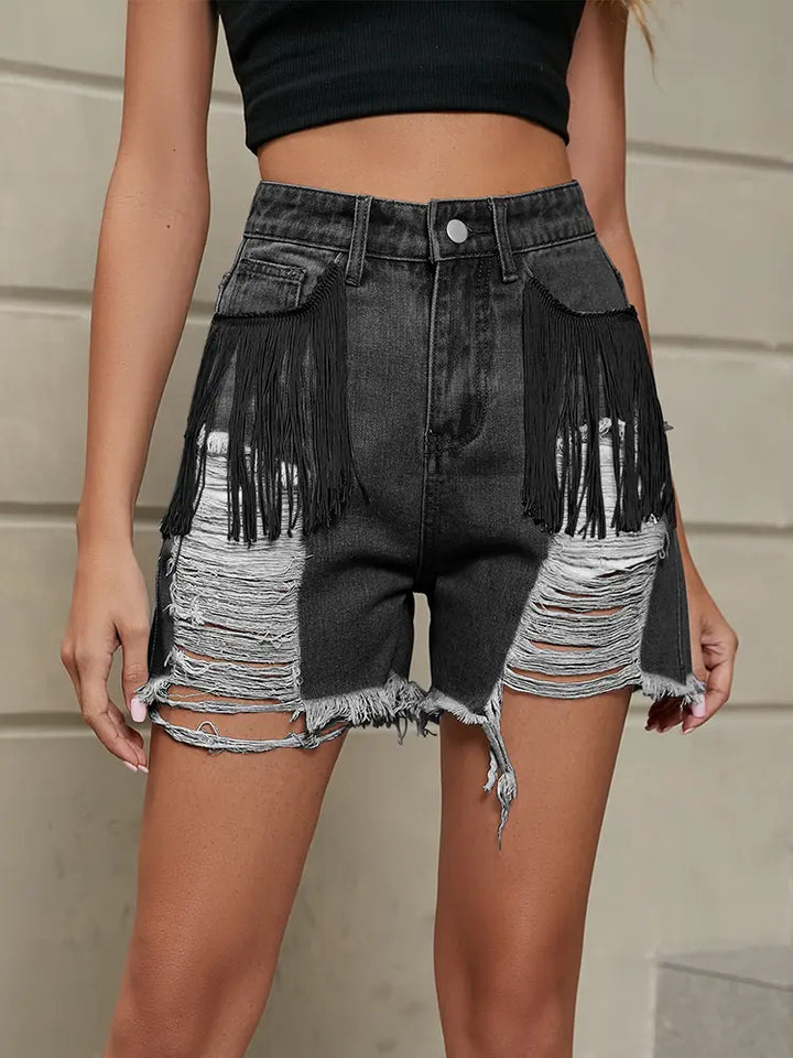Fringe Washed Denim Shorts - Elena Harper