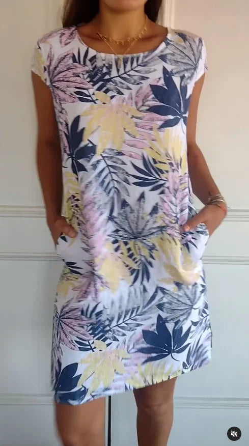 Printed summer dress in cotton and linen for women with pockets - Elena Harper