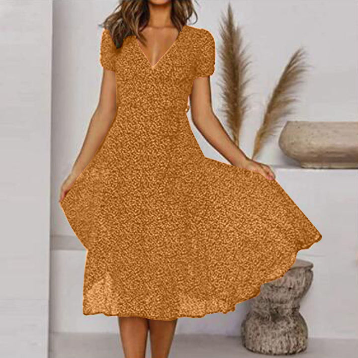 Elegant Flared Midi Dress with V-Neck for Women – Flattering, Lightweight