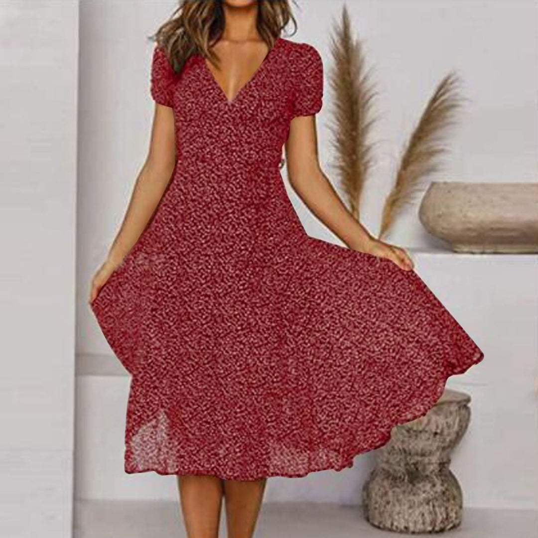 Elegant Flared Midi Dress with V-Neck for Women – Flattering, Lightweight