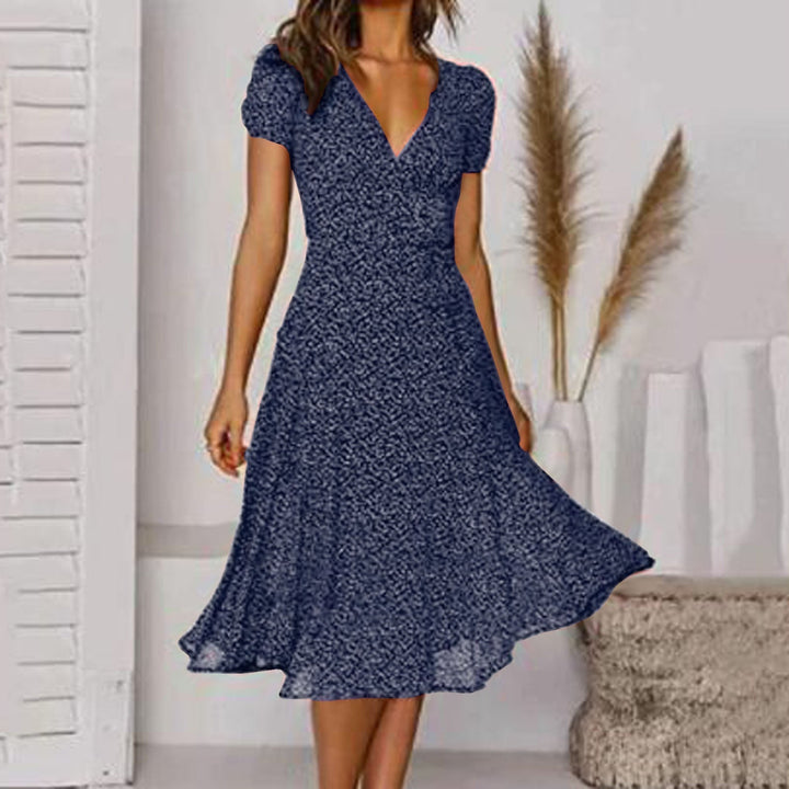 Elegant Flared Midi Dress with V-Neck for Women – Flattering, Lightweight