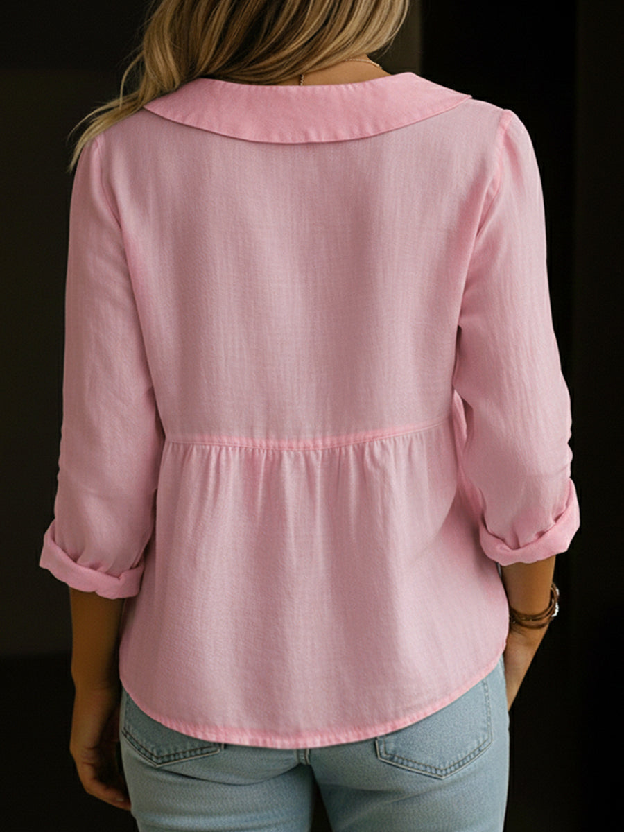 Linen Blouse with Button Closure and Notched Collar for Women