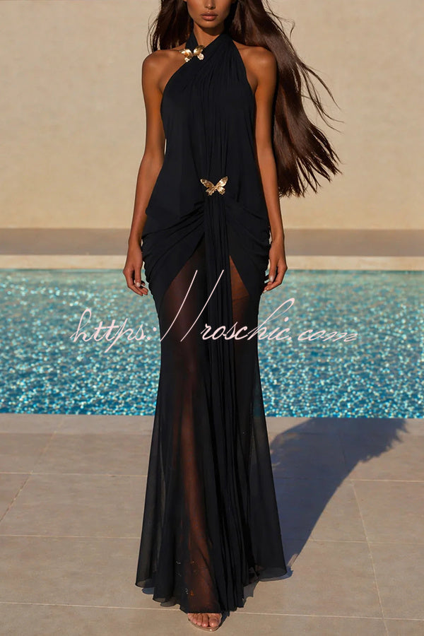 Touch of Drama Mesh Butterfly Metal Clips One Shoulder Backless Maxi Dress, view 4 - Elena Harper