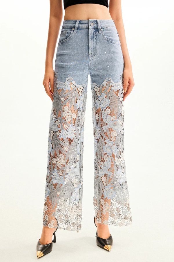 Elegant Lace Openwork Casual Pocket Straight Leg Jeans