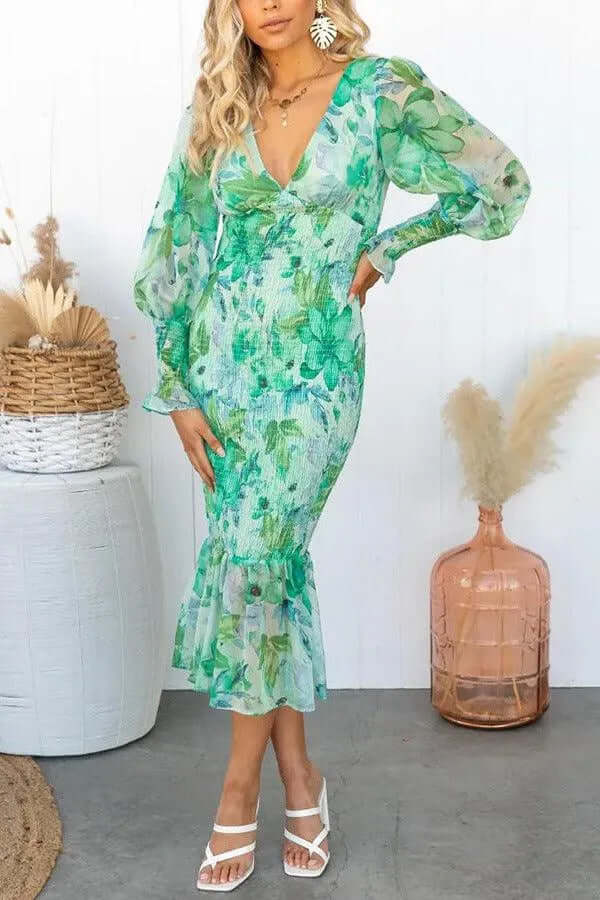 Women's Fitted Midi Dress with Puff Sleeves