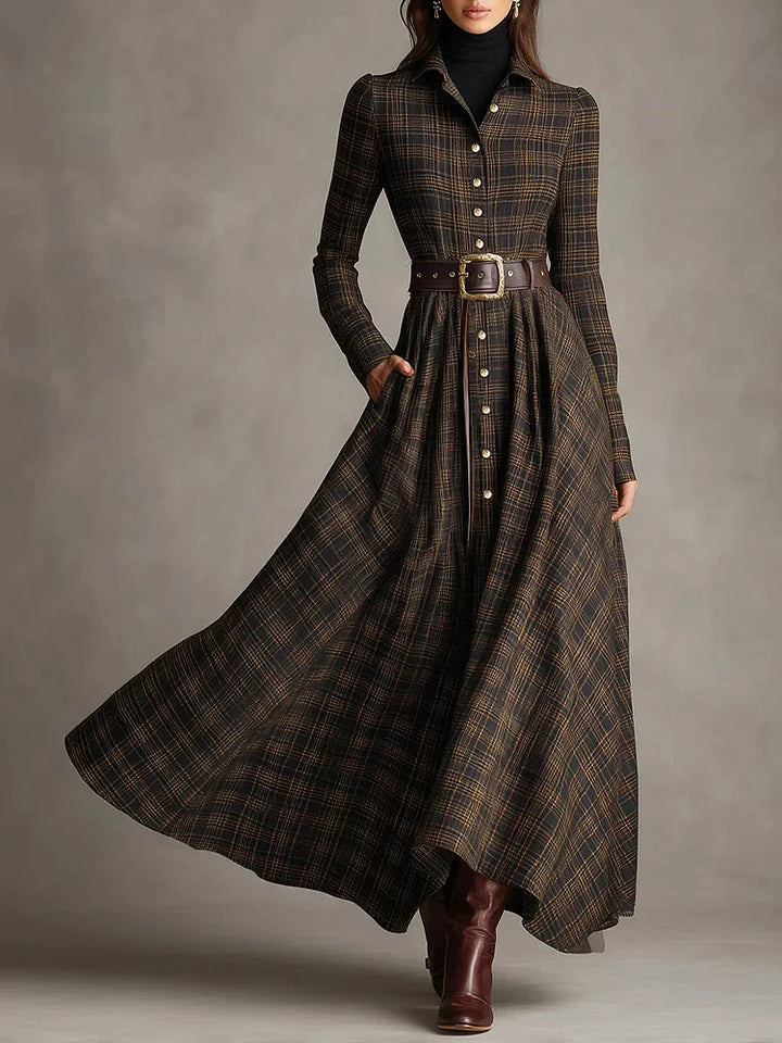 Brown and black striped long shirt dress with lapels - Elena Harper