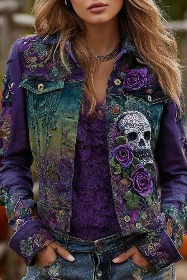 Unique Printed Lapel Long-sleeved Personalized Denim Jacket