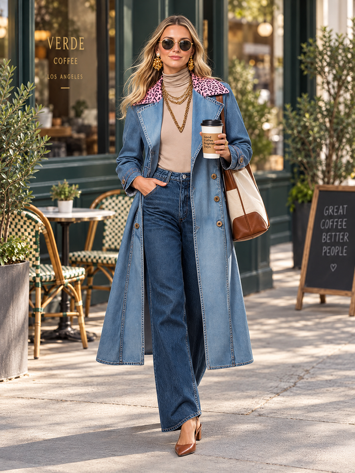 Pink Leopard Collar Denim Trench Coat