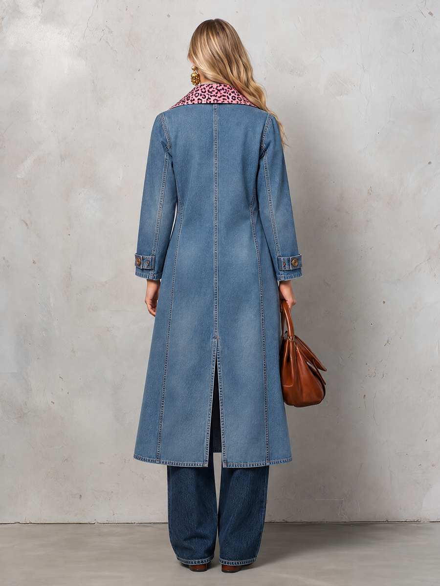 Pink Leopard Collar Denim Trench Coat