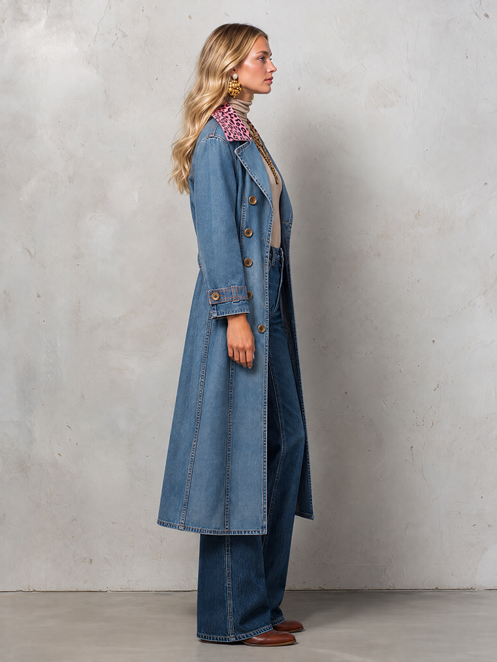 Pink Leopard Collar Denim Trench Coat