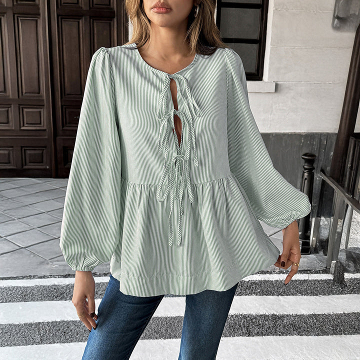 Women’s Long Sleeve Striped Shirt with Front Knot and Lantern Sleeves