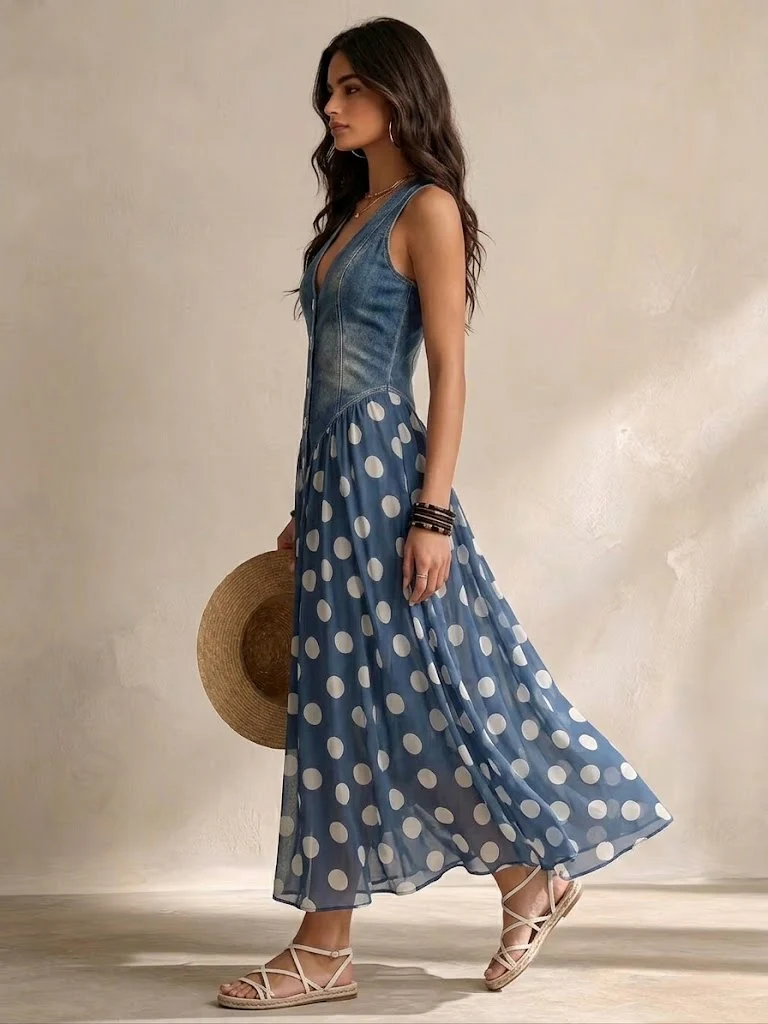 Adeline Long Denim Dress with Polka Dots - Elena Harper