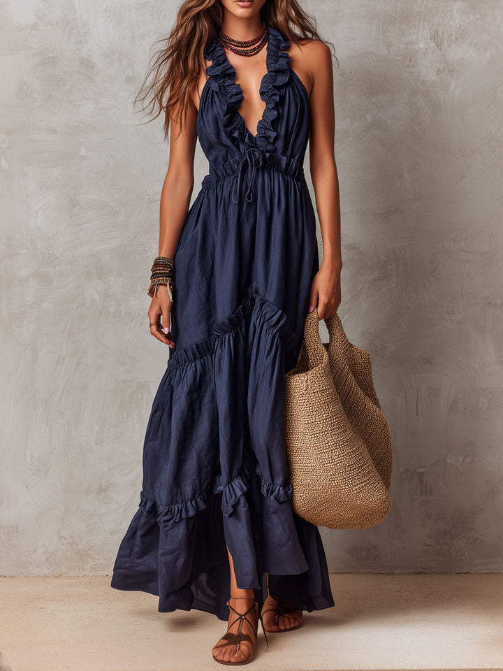 Boho Midnight Blue Ruffled Halter Maxi Dress