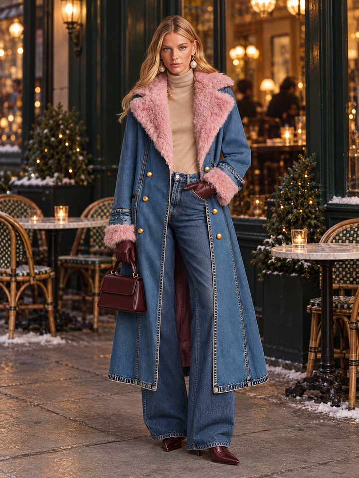 Pink Faux Fur Trim Long Denim Coat