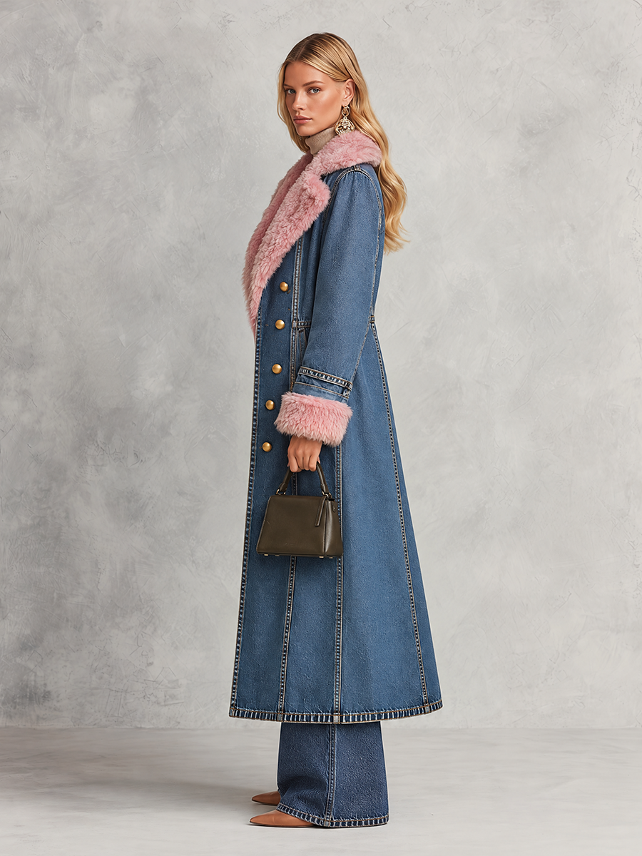 Pink Faux Fur Trim Long Denim Coat