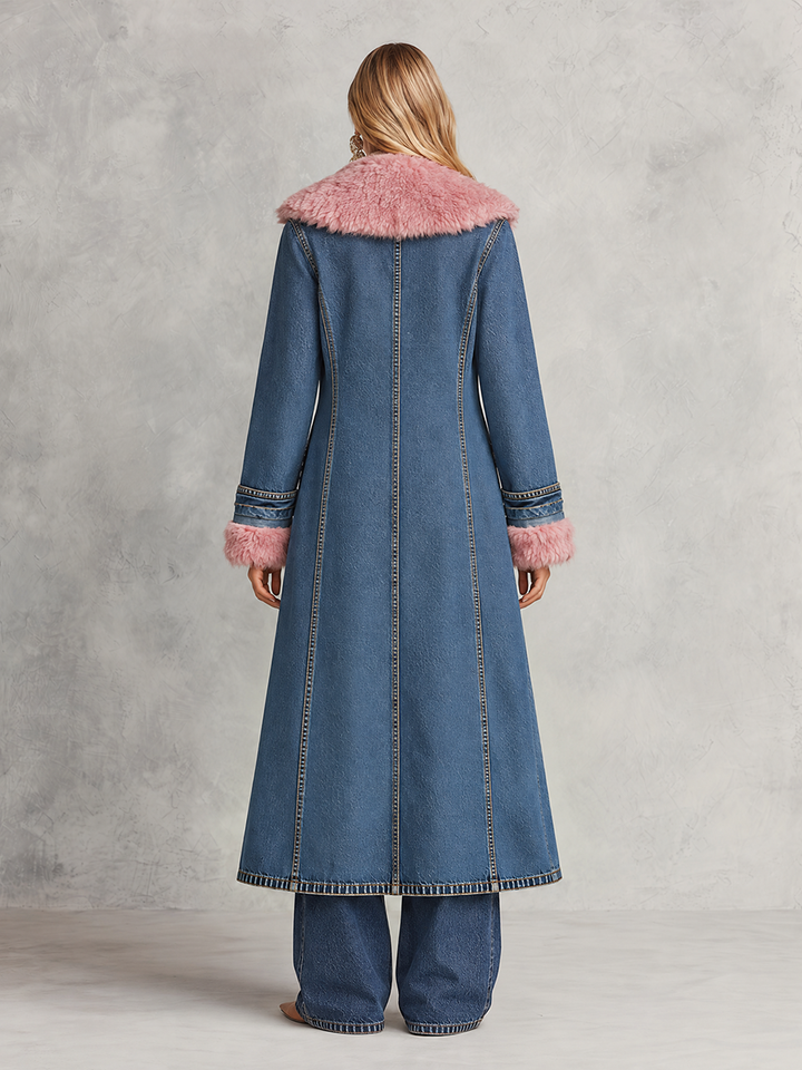 Pink Faux Fur Trim Long Denim Coat