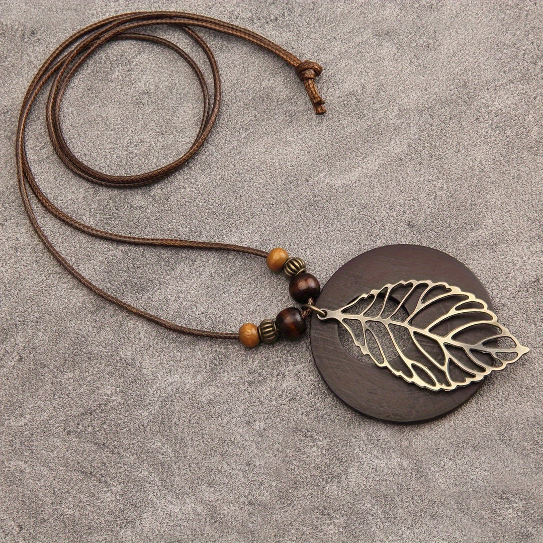 Bohemian Wax Rope Leaf Shaped Pendant Long Necklace