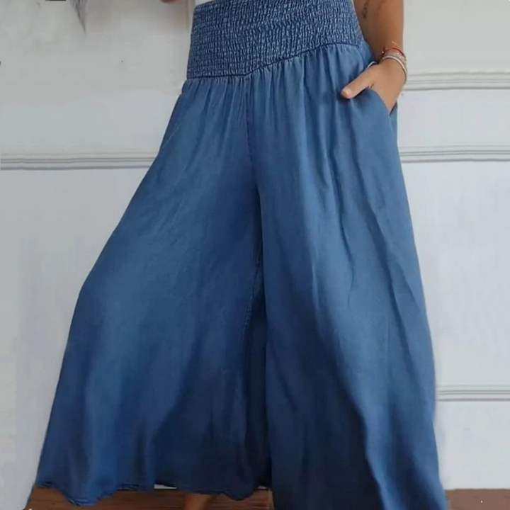 Women's Wide-Leg High-Waist Smocked Denim Trousers