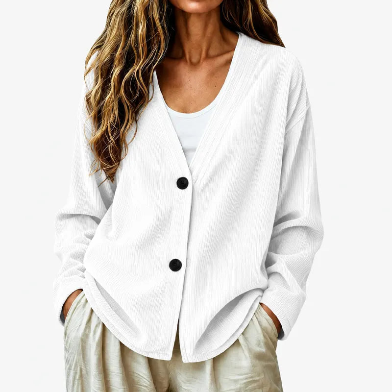 Women's Ribbed Buttoned V-Neck Cardigan, view 7 - Elena Harper