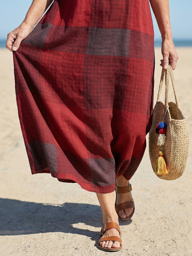 Women's Relaxed Fit Plaid Midi Dress - Effortless Style