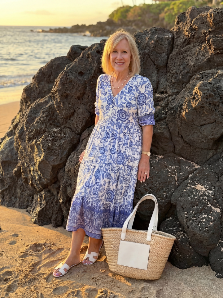 Women's Floral Midi Dress - Elegant V-Neck & Elbow Sleeves