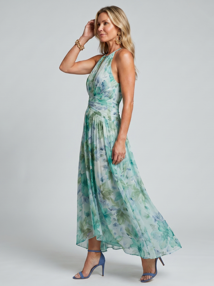 Floral Pleated Midi Dress for Women with Halter Neck Elegant and Light, view 2 - Elena Harper