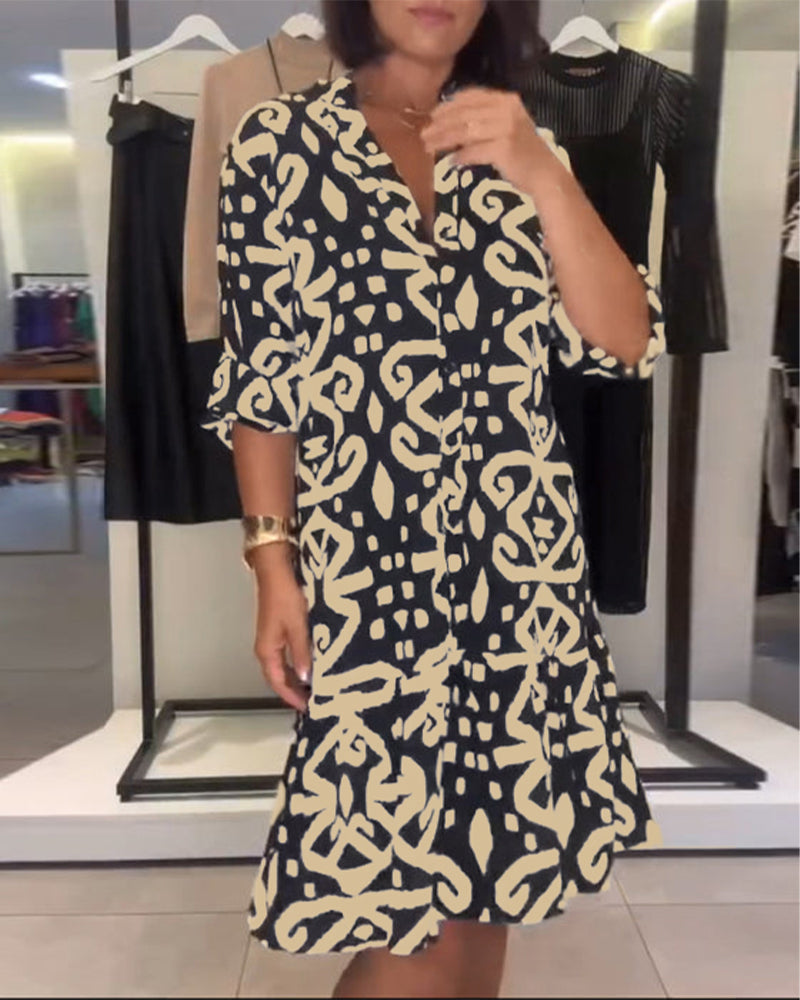 Elegant V-neck Printed Dress - Elena Harper