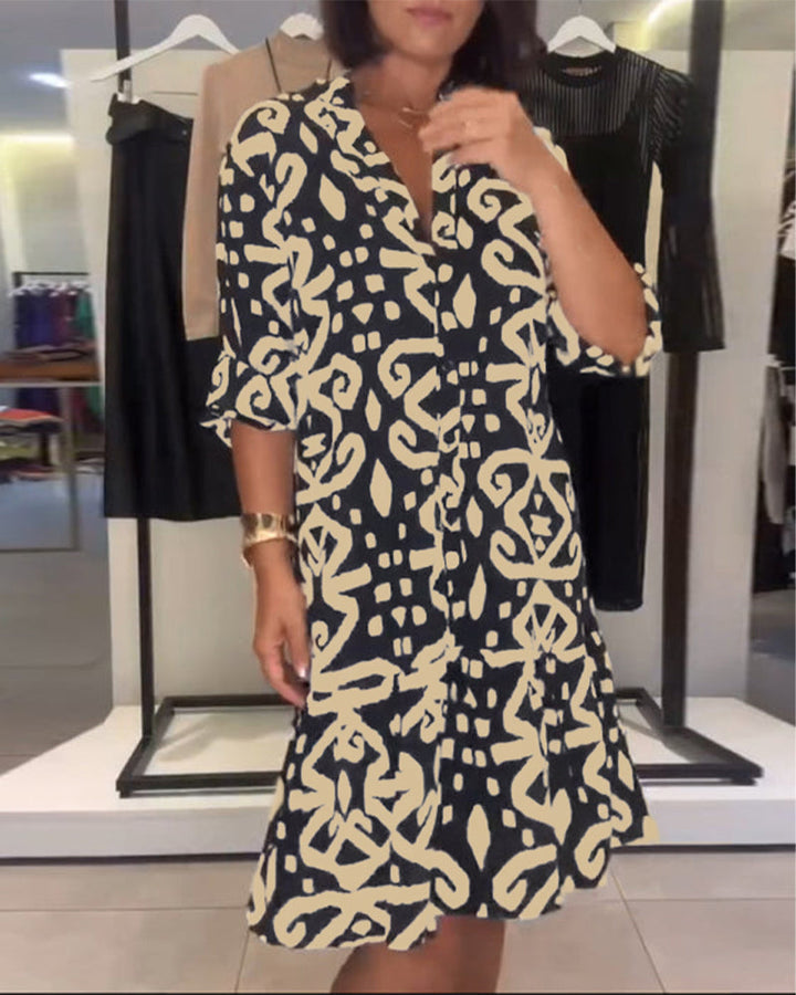 Elegant V-neck Printed Dress - Elena Harper