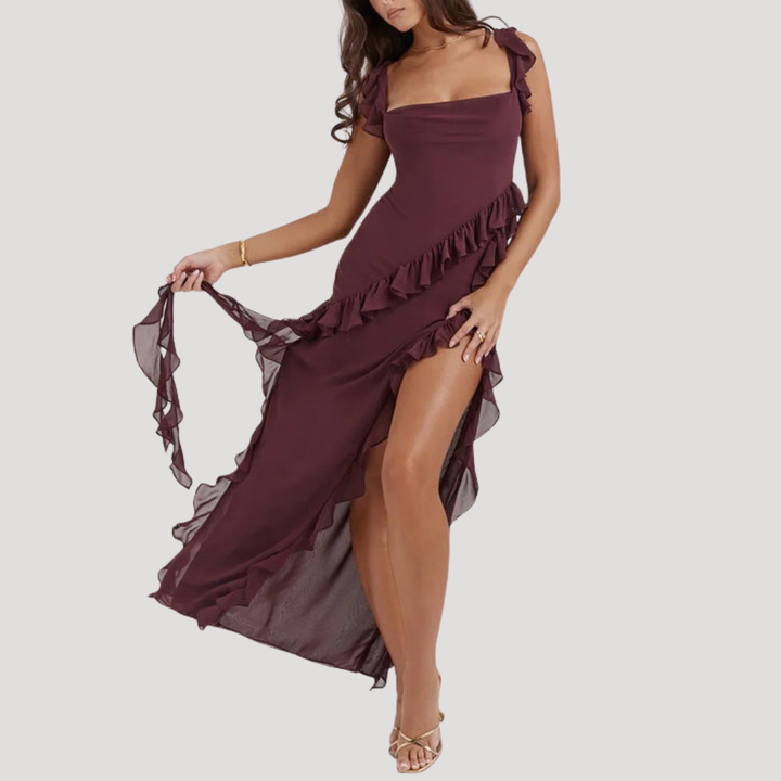 Elegant Long Split Dress with Ruffles