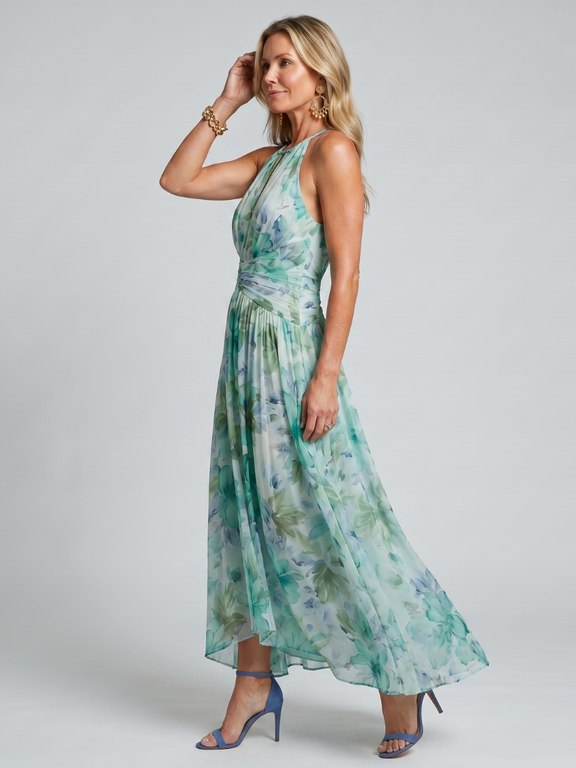 Portia Pleated Halter Soft Floral Pattern Midi Dress - Elena Harper