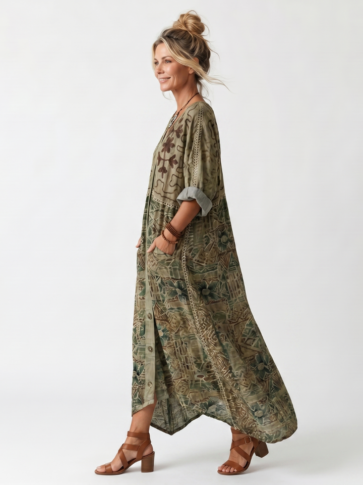 Aleta Button Front Oversized Pocket Midi Dress - Elena Harper