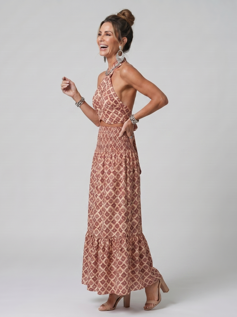 Amira Cross Halter Geometric Print Cutout Midi Dress - Elena Harper